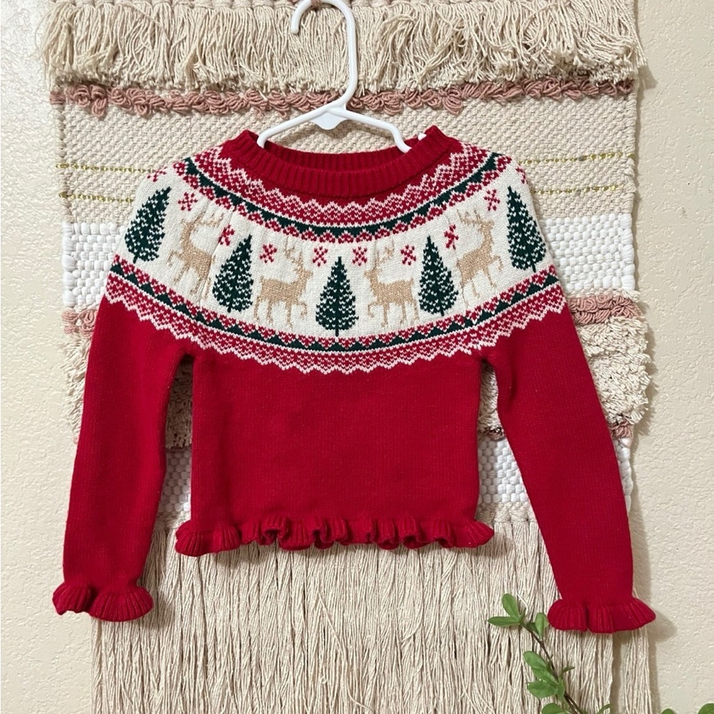 Tahari Girls Christmas Fair Isle Reindeer Tree ruffle Sleeve Knit Sweater SZ 2T